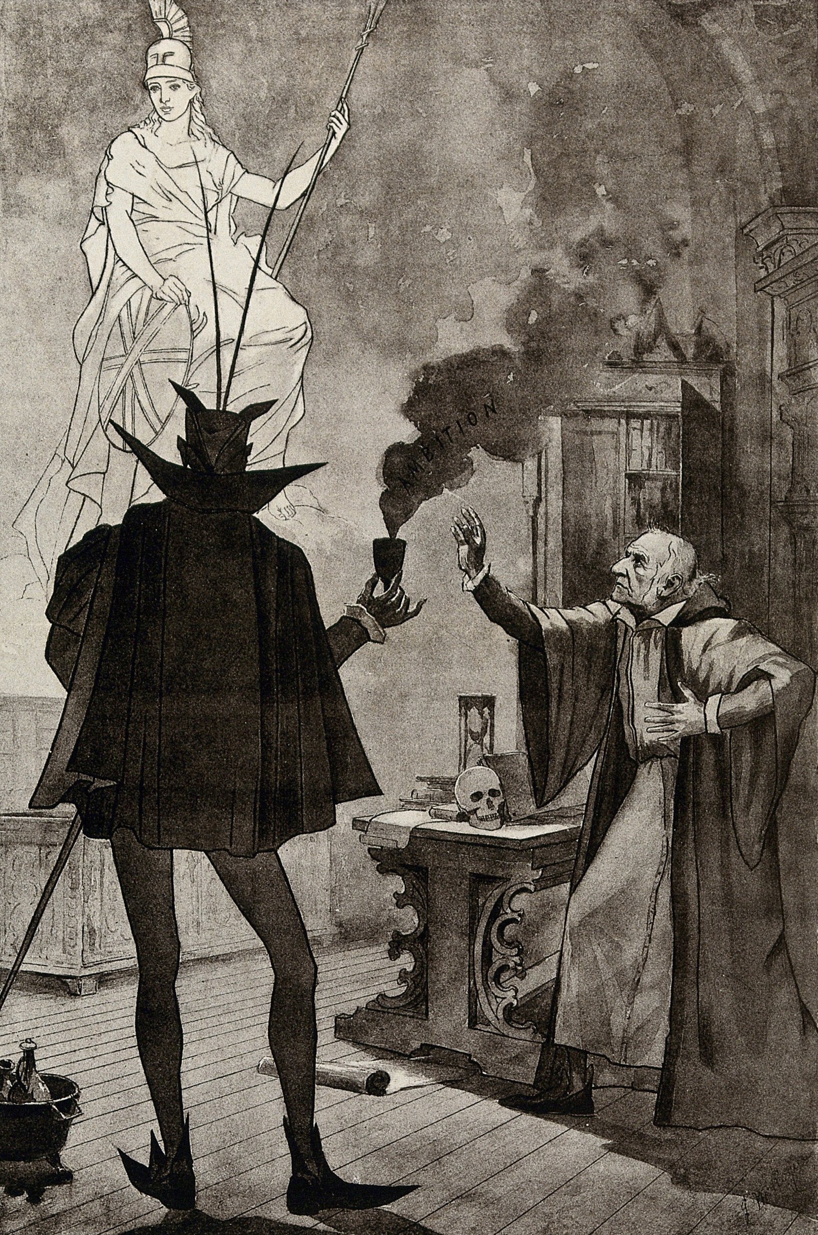 Ilustrasi satir bernuansa politik menggambarkan William Gladstone sebagai Dr. Faust yang melakukan perjanjian dengan iblis. ©1885 Wellcome Library London
