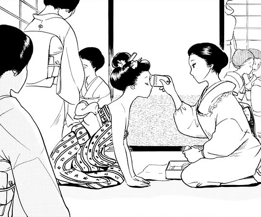 Suu-chan memakai riasan ala geisha untuk pertama kalinya. Photo credit: Sogakukan/Shounen Sunday//a/nonymous