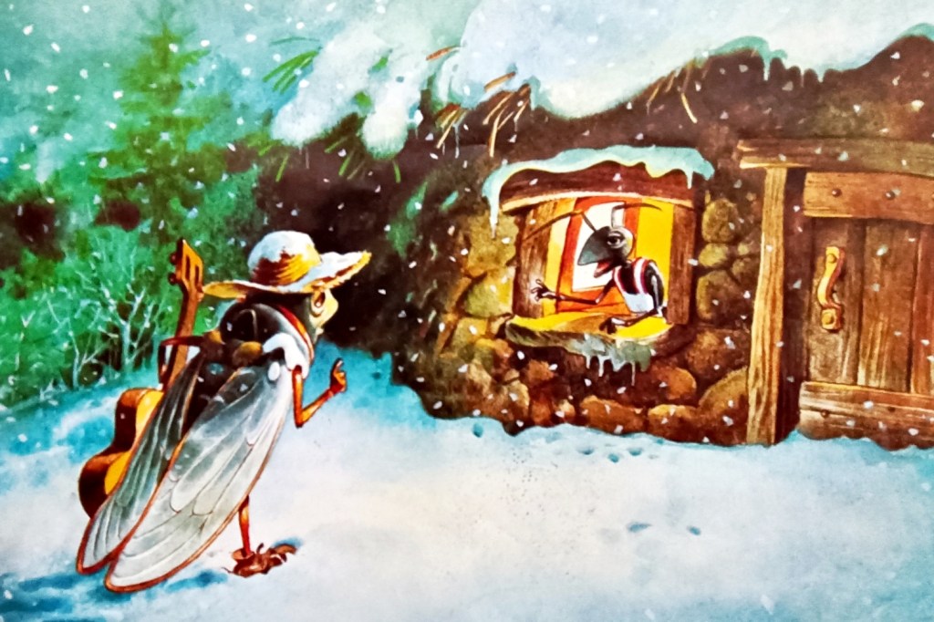 ilustrasi dongeng "Semut dan Tonggeret" di buku Untaian Mestika Kisah-Kisah Termasyhur Buku 1 © Tony Wolf