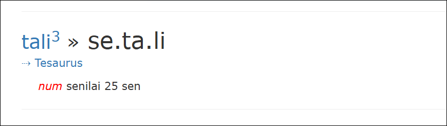 arti "setali" dalam peribahasa "setali tiga uang" © KBBI
