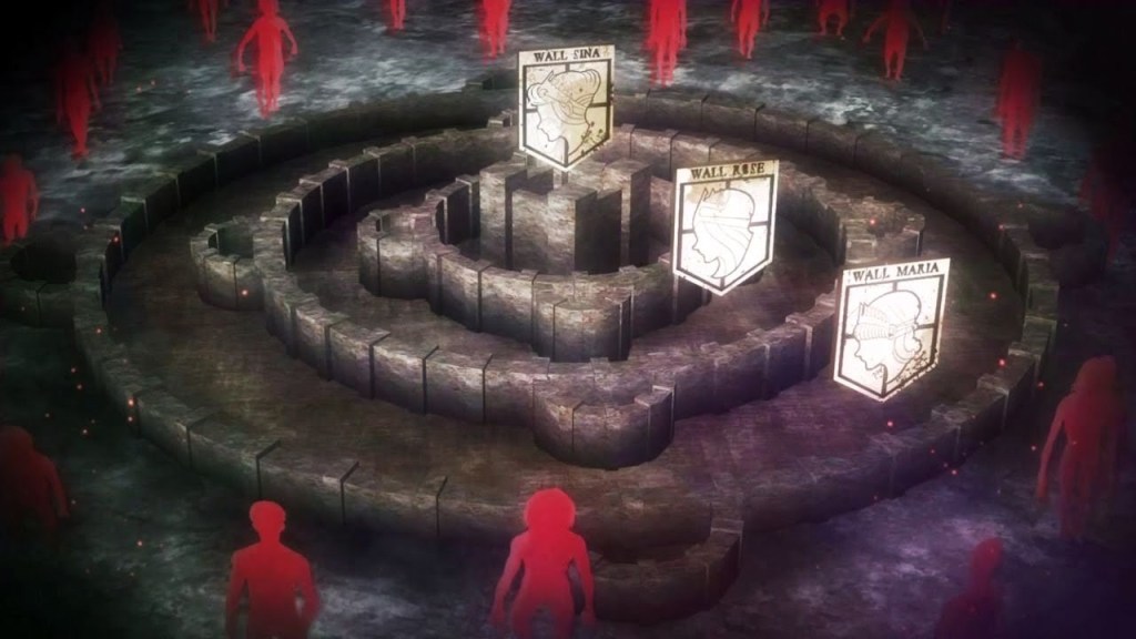 ilustrasi tiga tembok besar yang mengelilingi pemukiman warga Eldia di Paradis Island. © dok. Wit Studio | MAPPA | MBS/Attack on Titan