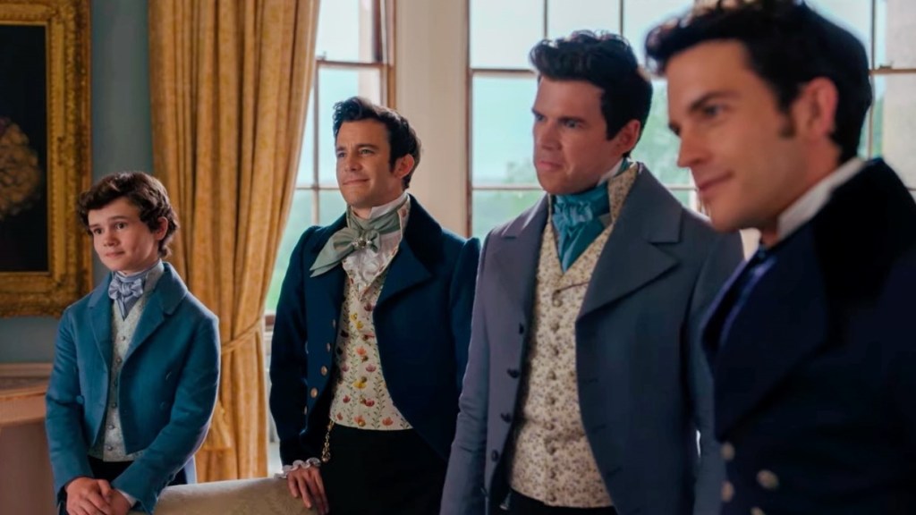 Will Tilston (paling kiri), Luke Thompson (nomor dua dari kiri), Luke Newton (nomor tiga dari kiri), dan Jonathan Bailey (paling kanan) sebagai Gregory, Benedict, Colin, dan Anthony Bridgerton di serial Netflix, Bridgerton © dok. Netflix/Bridgerton