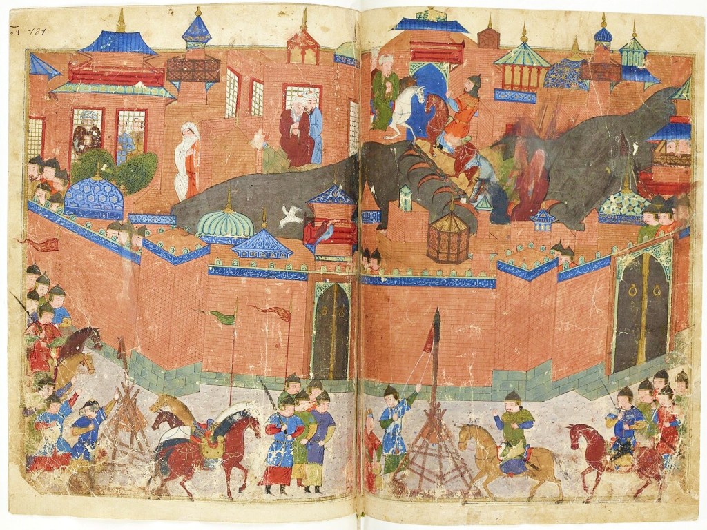 lukisan yang menggambarkan penyerangan Baghdad oleh pasukan Mongol © Wikimedia Commons/Sayf al-vâhidî | Rashid al-Din's Jami al-tarawikh | Bibliothèque nationale de France