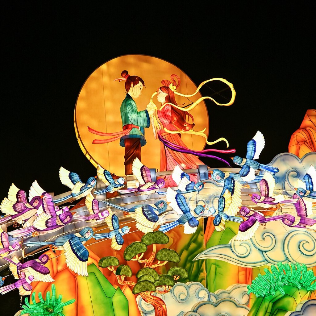 gambaran gadis penenun dan pemuda gembala yang bertemu setahun sekali di jembatan burung murai pada legenda Cixi ©Wikimedia Commons/ScribblingGeek